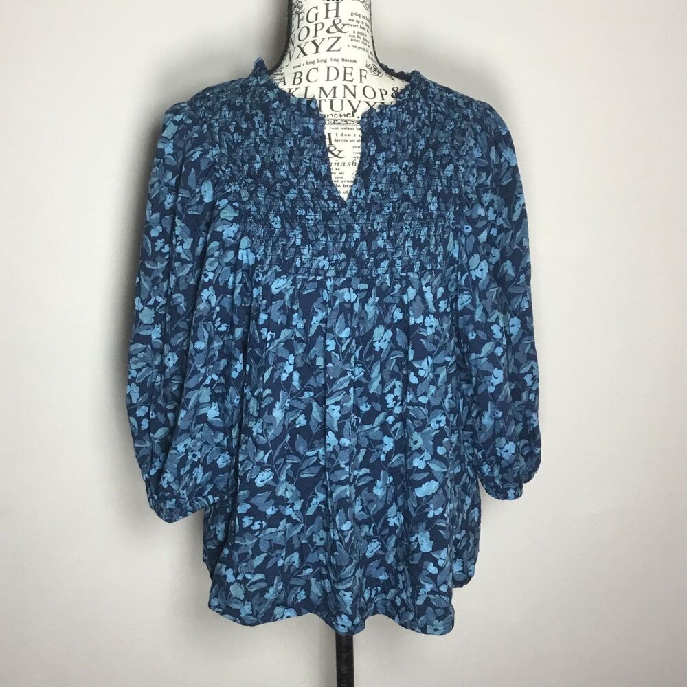 Blue teal peasant wench blouse floral pattern wide sleeve cotton blend western S